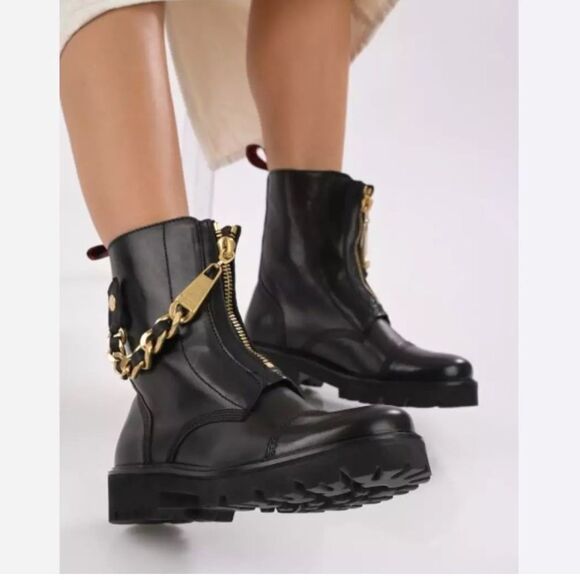 Zadig & Voltaire Joe Cecilia Black Smooth leather boots size 37 gold chain NIB - Picture 1 of 13